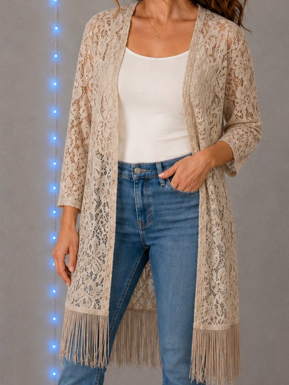 Queens Beige / Taupe / Light Tan Lace Fringe Duster Cardigan Women’s Large